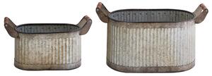 Set om 2 Växtkrukor Grå Sliten Effekt Järn Trähandtag Inomhus Utomhus med Plast Industriell Stil Beliani
