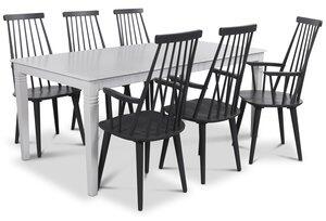 Mellby matgrupp 180 cm bord med 6 st gråa Dalsland Pinnstolar med armstöd