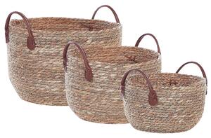 Set med 3 Förvaringskorgar Naturlig Sjögräs med Handtag i Konstläder Tvättkorg Boho-Stil Badrum Sovrum Beliani