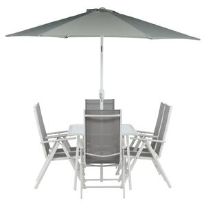 BREKKI Matbord 150x90 cm + 6 stolar + Parasoll - Grå/Vit | Utemöbler