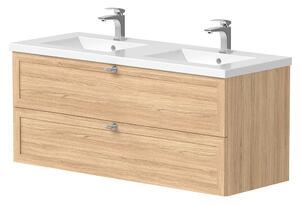 Tvättställsskåp Craftwood Naturligt Trä Bleached Oak Matt 120 cm med Dubbelt Handfat Vit Blank