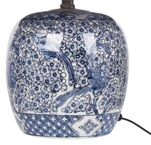 Nattduksbordslampa Blå och Vit Porslinsfot med Brun Linneskärm Trumformad 53 cm Klassisk Stil Vardagsrum Sovrum Beliani