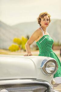 Illustration 1950s Woman Leaning on a Vintage Car, JasonDoiy