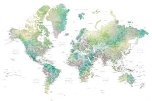 Karta Watercolor world map with cities in muted green, Oriole, Blursbyai, (40 x 26.7 cm)