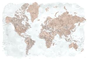 Karta Neutrals and muted blue watercolor world map with cities, Calista, Blursbyai