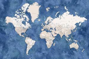 Karta Blue and beige watercolor detailed world map, Blursbyai
