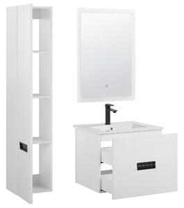 Badrumsmöbelset i 3 delar Vit MDF med Keramik Vask Väggmonterad Hög Sminkbyrå Rektangulär LED Spegel Beliani