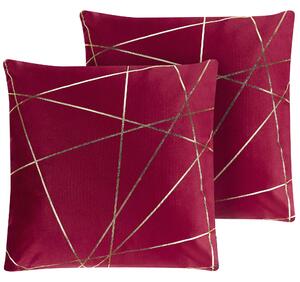 Set av 2 Dekorationskuddar Röd Sammet 45 x 45 cm Guld Geometriskt Mönster Avtagbara Kuddfodral Dragkedja Glam Stil Beliani