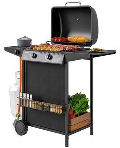 Gasgrill 7 KW grillvagn inklusive 3 brännare sida spis rull tryckreducerare lock gasslang 2 värmezoner termometer sidohyllor, BB