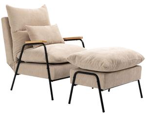 Klädd fåtölj med fotpall, liggfåtölj med liggfunktion, stoppad stol, dyna, TV-fåtölj, 68 x 91,5 x 88 cm, beige