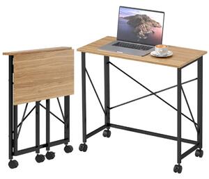 Fällbart skrivbord med hjul, platsbesparande, stål, MDF, ek