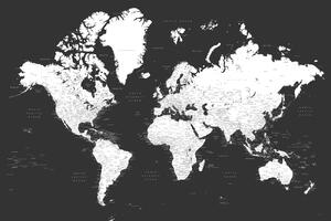 Karta Black and white detailed world map with cities, Milo, Blursbyai, (40 x 26.7 cm)