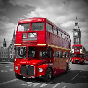 Konsttryck LONDON Red Buses on Westminster Bridge, Melanie Viola, (40 x 40 cm)