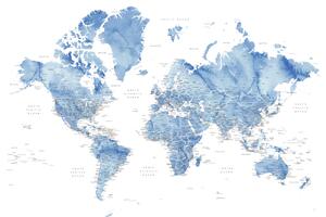 Karta Watercolor world map with cities in muted blue, Vance, Blursbyai, (40 x 26.7 cm)