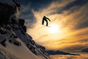 Konstfotografering Sunset Snowboarding, Jakob Sanne, (40 x 26.7 cm)
