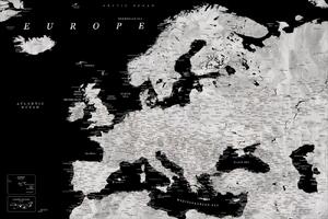 Karta Black and grey detailed map of Europe in watercolor, Blursbyai, (40 x 26.7 cm)