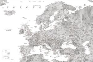 Karta Detailed map of Europe in gray watercolor, Blursbyai, (40 x 26.7 cm)