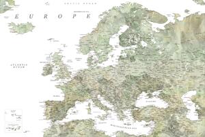 Karta Detailed map of Europe in green watercolor, Blursbyai, (40 x 26.7 cm)