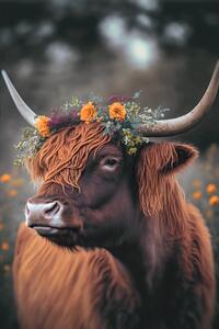 Konstfotografering Highland Cow With Flowers, Treechild, (26.7 x 40 cm)
