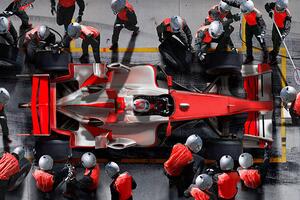 Konstfotografering F1 pit crew working on F1 car., Jon Feingersh, (40 x 26.7 cm)