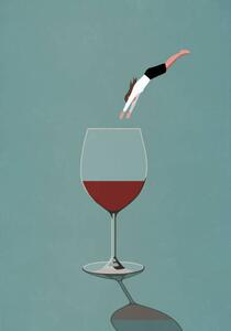 Illustration Businesswoman diving into large glass of wine, Malte Mueller, (26.7 x 40 cm)