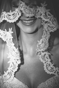 Konstfotografering Smiling bride under the elegant translucent veil, Victor Dyomin, (26.7 x 40 cm)