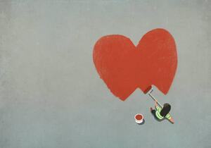Konstfotografering Woman painting red heart with paint roller, Malte Mueller, (40 x 26.7 cm)