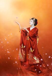Konsttryck Geisha in long red kimono catching a cherry blosso, Coneyl Jay, (26.7 x 40 cm)