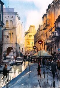 Illustration Watercolor Painting - Street View of Paris, CYCV, (26.7 x 40 cm)