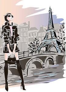 Illustration Fashion woman in Paris near Eiffel Tower, glafira, (30 x 40 cm)