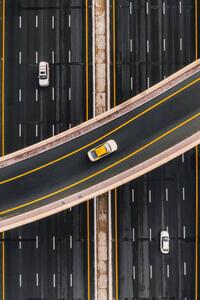 Konstfotografering Taxi on an overpass crossing above, Abstract Aerial Art, (26.7 x 40 cm)