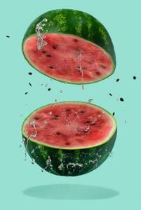 Konstfotografering Watermelon sliced flying on pastel green, Amax Photo, (26.7 x 40 cm)