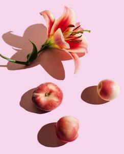 Konstfotografering Lily flower and peaches on pink, Tanja Ivanova, (26.7 x 40 cm)