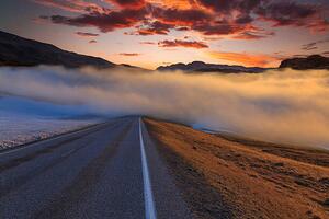 Konstfotografering The road in the fog at sunset. Norway, Anton Petrus, (40 x 26.7 cm)