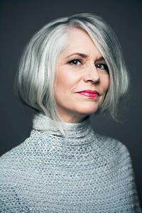 Konstfotografering Grey haired lady with red lipstick, portrait., Andreas Kuehn, (26.7 x 40 cm)