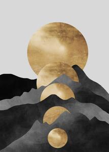 Illustration Abstract art golden mountains, traditional oriental, Luzhi Li