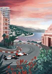 Konsttryck Monaco Circuit, Goed Blauw, (26.7 x 40 cm)