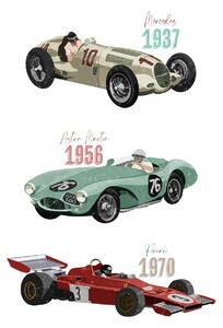 Illustration Vintage Racecars, Goed Blauw, (30 x 40 cm)