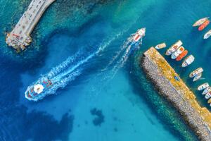 Fotografi Aerial view of colorful boats and, den-belitsky