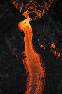Konstfotografering Drone image looking down on a lava river, Iceland, Abstract Aerial Art, (26.7 x 40 cm)