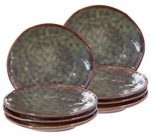 Set med 8 Assietter Mörkgrönt Stengods Kaolin Handgjord Reaktiv Glasyr Finish Dessert Tallrik Kök Matsal Beliani
