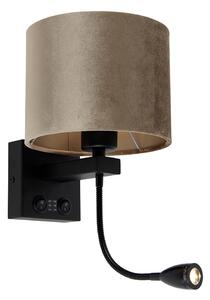 Vägglampa svart med taupe sammetskärm 18 cm - Brescia Combi