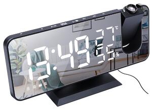 Väckarklocka med spegelglas och LED-projektor, projicerar tiden på vägg/tak - Svart