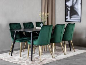 Matgrupp - Matbord Dipp 180x90cm – Svart Trä-Faner / Svart + 6 st Matstol Velvet Deluxe – Grön Sammet / Mässing