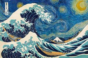 Poster, Affisch Katsushika Hokusai ft. van Gogh - Under vågen utanför Kanagawa