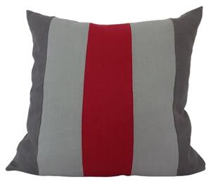 Smalrandigt kuddfodral rött och grått i tvättat sanforiserat linne 50x50