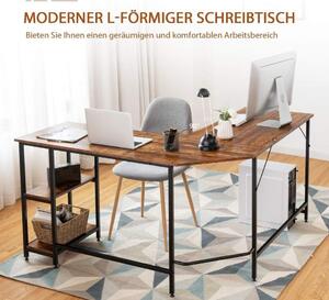 L-format skrivbord hemmakontor med 2 hyllplan 138 x 138 x 75,5 cm kaffebrun + svart