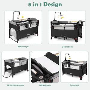 5-i-1 konvertibel babysäng med skötbord och förvaringsväska Svart