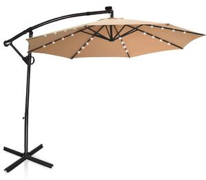 Parasoll med LED-solarbelysning, vridbart fribärande paraply för trädgård, Ø 300 cm, beige