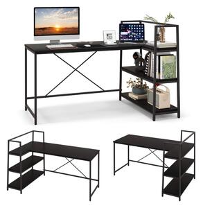 148 cm långt L-format datorbord med öppna hyllor, platsbesparande skrivbord för en modern arbetsplats, svart